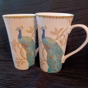 New 222 fifth Peacock Floral 2 pc latte tall mugs (112324A)